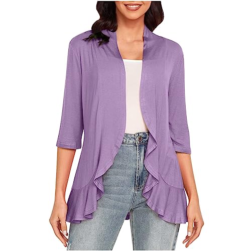 Summer Cardigan Sweater for Women 3/4 Sleeve Lightweight Open Front Casual Ruffle Hem Cardigan Tops with Pockets Purple