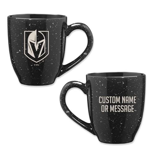 Image of Rico Industries NHL Hockey Vegas Golden Knights Black Personalized 16 oz Team Color Laser Engraved Speckled Ceramic Coffee Mug