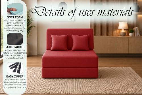 Image of Sofa Cum Bed with Jute Fabric, Convertible One Seater Sofa Bed 3x6 Ft, Comfortable Cushioned Seating, Space Saving Design for Living Room, Bedroom & Guest Room - Red Color