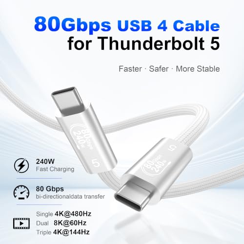Image of 5FT White Braided USB4 Cable, 80Gbps 240W USB C Cable for Thunderbolt 5