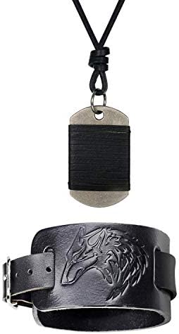 Cupimatch Men's Adjustable Wolf Head Wide Leather Bracelet Dog Tag Pendant Necklace Set, Punk Rock Wrist Belt Cuff Bangle Leather Cord Alloy Military Pendant Necklace Chain Jewelry