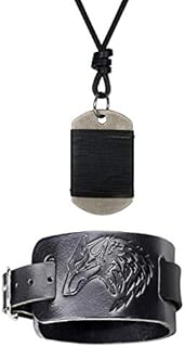 Cupimatch Men's Adjustable Wolf Head Wide Leather Bracelet Dog Tag Pendant Necklace Set, Punk Rock Wrist Belt Cuff Bangle Leather Cord Alloy Military Pendant Necklace Chain Jewelry