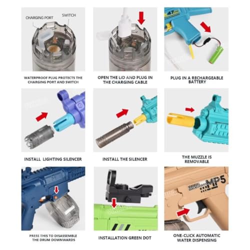 Image of VikriDA M416 Submachine Electric Automatic Water Gun with Sensor Light Silencer & Green Dot Scope | Free Extra Rechargeable Battery | 10m Range, 450CC Capacity | Multicolor