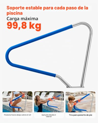 Miniatura 2 de Vevor Barandilla Para Piscina, Carga De 100 Kg, Acero Inoxidable 304, Cubierta Antideslizante Extraíble, Amplia Gama De Accesorios, Para Piscinas, Parques Acuáticos Y Spas, 1220 X 100 X 915 Mm
