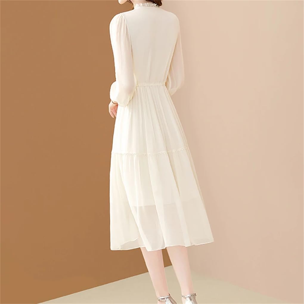 Women V-Neck Apricot Fairy Chiffon Dress Casual Slim Lace Up Office A-Line Dresses