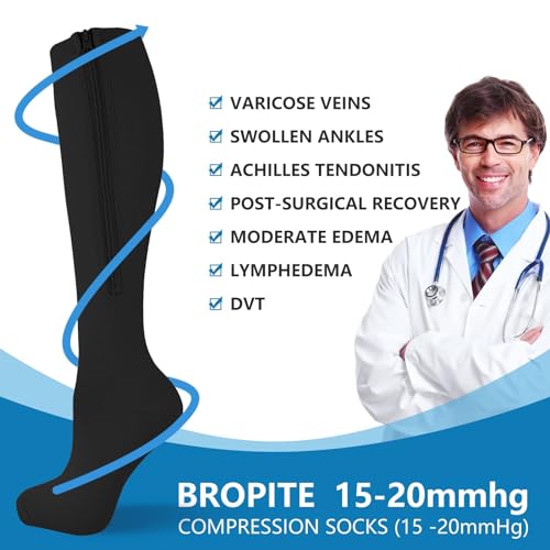 Image of bropite Zipper Compression Socks Women & Men|15-20mmHg closed Toe knee high | 2Pairs Calf Knee High 15-20mmHg closed Toe Compression Stocking suit for Walking Recovery, Pregnant, Nurse