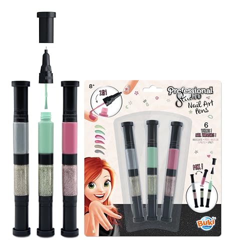 BUKI PS102 - Set de esmaltes de uñas con bolígrafos para niñas Desde 8 años – 3 Colores Dobles (Rosa, Verde y Plata)