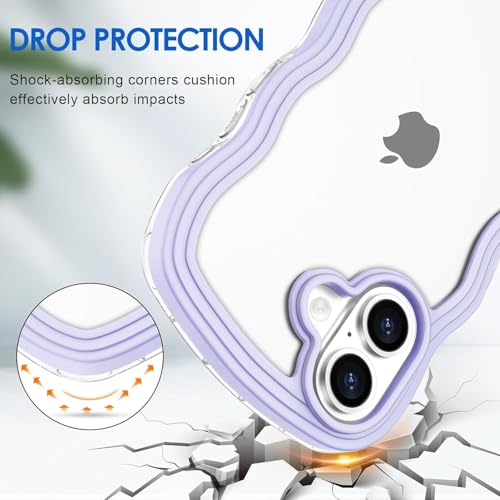 Image of GoldKart iPhone 16 Case Wavy Edge Clear Back Design, Anti-Slip Grip Cute Wave Curly Frame Shape Shockproof Soft TPU & Hard PC Bumper Protective Phone Case Cover for Women Girls - Purple