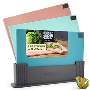 Moritz & Moritz 3x Schneidebrett Kunststoff Set - 32 x 22 cm - Im praktischen Ständer – Küchenbrett Groß – Spülmaschinengeeignet und hygienisch