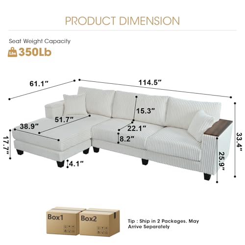 Image of 114.5 inch Corduroy Couch Sectional with Reversible Chaise with 2 Pillows Oversized Couch L Shaped Sofa with Two Armrests Hidden Storage Space Sectional Couches for Living Room White