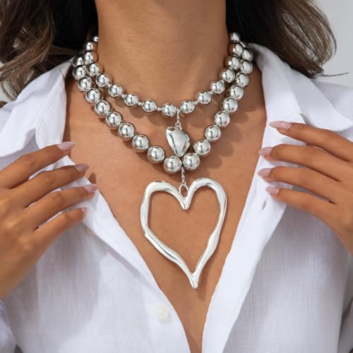 Y2k Large Hollow Heart Necklaces for Women Big Chunky Heart Pendant Necklace Exaggerated Layered Double Hearts Gold/Silver Beaded Choker Necklace Dainty Statement Jewelry Gift2