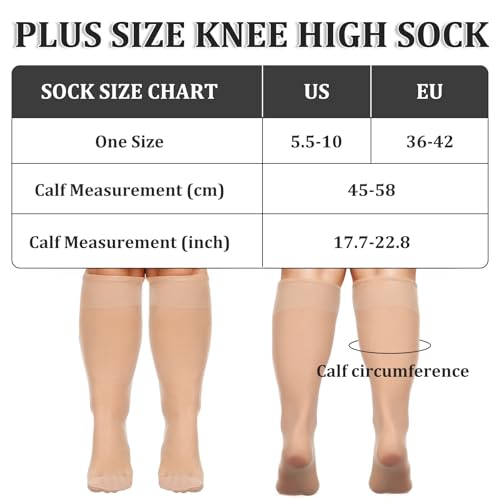 6 Pairs Plus Size Knee High Stockings for Women, 15D Skin Color Nylon Stocks with Wide Calf Stretchy Silky Soft2