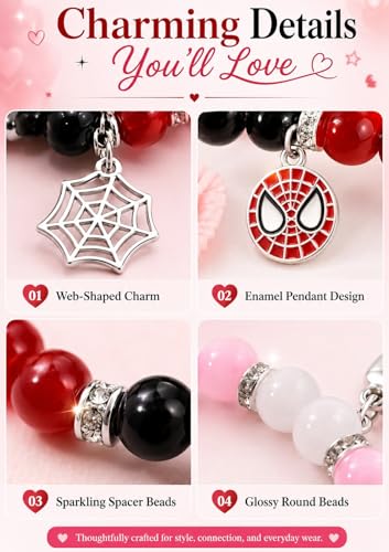 Image of Spider-Man Inspired Couple Bracelets 2pcs - Magnetic Attraction Heart Charm, Glass Beads, Spider Pendant, Marvel Theme Party Accessory, Valentine's Day Gift, Suitable for All Seasons