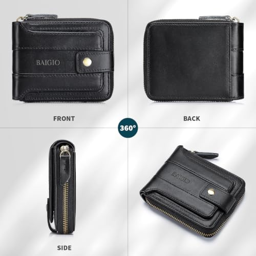 Image of BAIGIO Genuine Leather Wallets for Men Multi Card Purse with Zipper Wallet Men RFID Blocking Coin Pocket (Type 2-Black)
