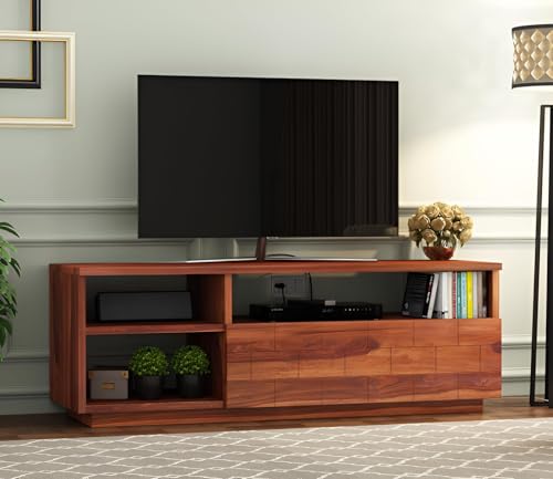 Image of Solid Wood TV Unit for Living Room 55 Inch Furniture - Wooden TV Unit with Storage Cabinet with 1 Drawr, 3 Shelves Wooden TV Cabinet for Living Room - Fits up to 55-Inch TV (Jose)