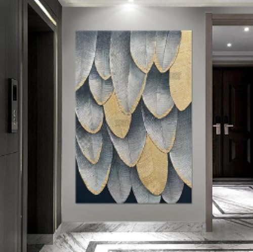 Peinture abstraite plumes en feuille d'or toile murale 50x70cm