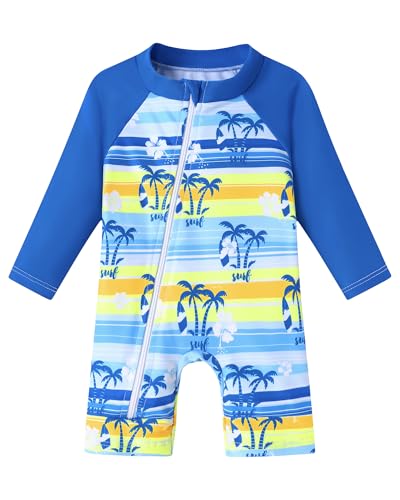 Image of Baby Boy Swimsuit One Piece Long Sleeve Zipper Bathing Suit UPF 50+ Sun Protection Rashguard Swimwear 0-24 Months