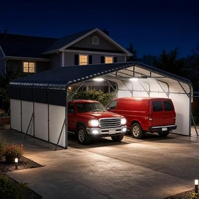 Garvee 20x20ft Heavy Duty Metal Carport, 2-Car Carport Kit with Solar Lights and Removable PE Sidewalls, RV Boat Trailer Steel Garage Shelter