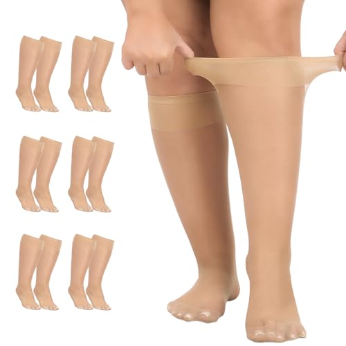 Aaronano 6 Paar Kniestrümpfe Damen Große Größen Nylonstrümpfe Feinstrümpfe Schwarze Hautfarben socken Transparent 15 Denier