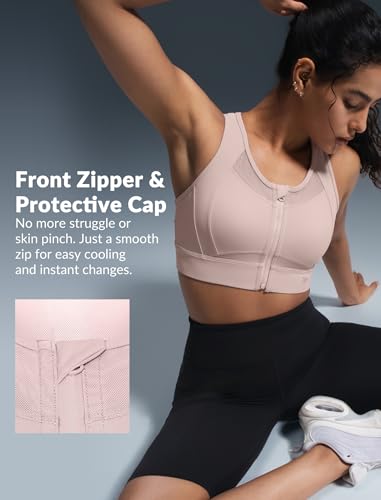 Image of Yvette Women's Sports Bra Front Zipper High Impact Support Mesh Racerback | Plus Size Friendly,Sewn-in Pads Stay Put,Wirefree & Supportive,Breathable,Secure Zip Closure,For Large Bust,Running,Gym,HIIT