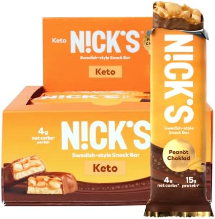 Nick's Swedish Style Protein Snack Bar, Chocolate Peanut Keto Protein Bar, 15g Protein, Low Carb, Low Sugar, Meal Replacement Bar, Keto-Friendly Snack, 12-Count