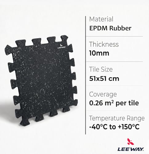 Image of Leeway Interlocking Gym Mats for Floor | EPDM (Set of 2, 10mm, 20 inchx20 inch) Black with White Flecks | Gym Floor Mat Rubber for Workout | Equipment Matt for Home | Rubber Tiles, Kids Rooms Puzzle Mate