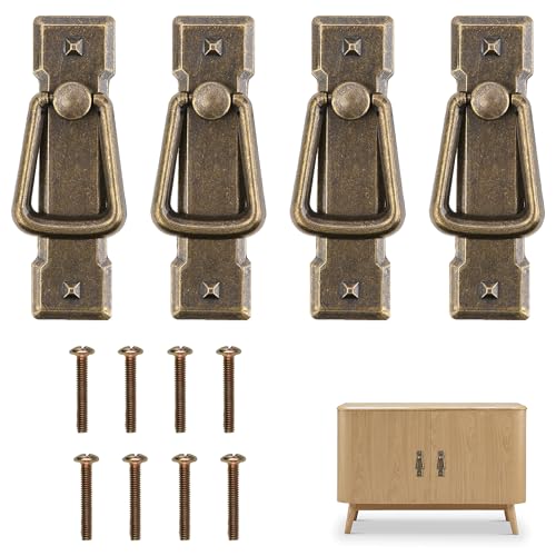 REKUA 4PCS Vintage Drop Ring Pulls Antique Bronze, Metal Construction Cupboard Handles, Wardrobe Door Handles, Kitchen Cabinet Handle for Chest, Drawer and Cupboard Doors(Includes Screws