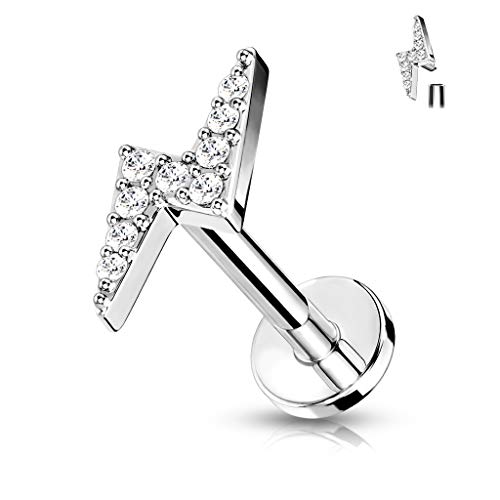 Covet Jewelry Paved Round CZ Lightning Bolt Top on Internally Threaded 316L Surgical Steel Flat Back Studs for Cartilage, Labret, and More (16GA (1.2mm), Length: 5/16" (8mm), Clear)