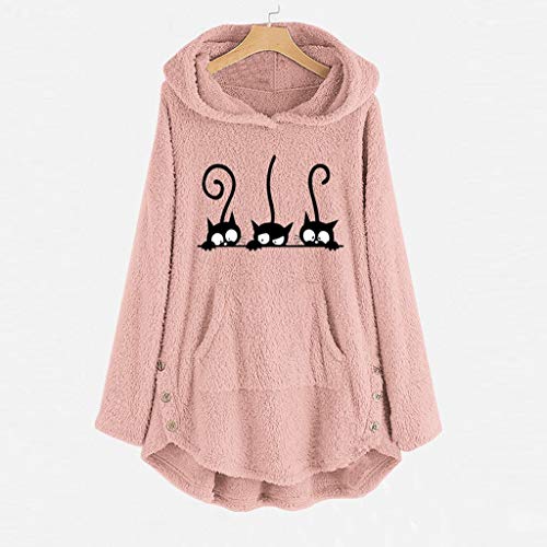 Ranoff Top Loose Sweatshirt Women\'s Hoodie Long Sleeve Pocket Plush Cute Cat Embroidered Solid Color Jacket Sweatshirt Plus Size Warm Hoodie (Pink, XXL) - Thumbnail 2