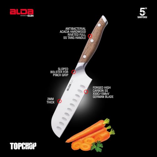 Image of Alda Top Chop Santoku Kitchen Knife 5 Inch - German Stainless-Steel Blade, Granton Edge Grooves, Acacia Wood Handle, Professional Knife for Chopping Cabbage, Carrot, Beetroot & Sweet Potato, 57 HRC