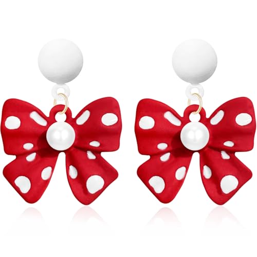 Hanavigar Dainty Simple Red Alloy Polka Dot Bow Dangle Drop Stud Earrings For Women (Red)