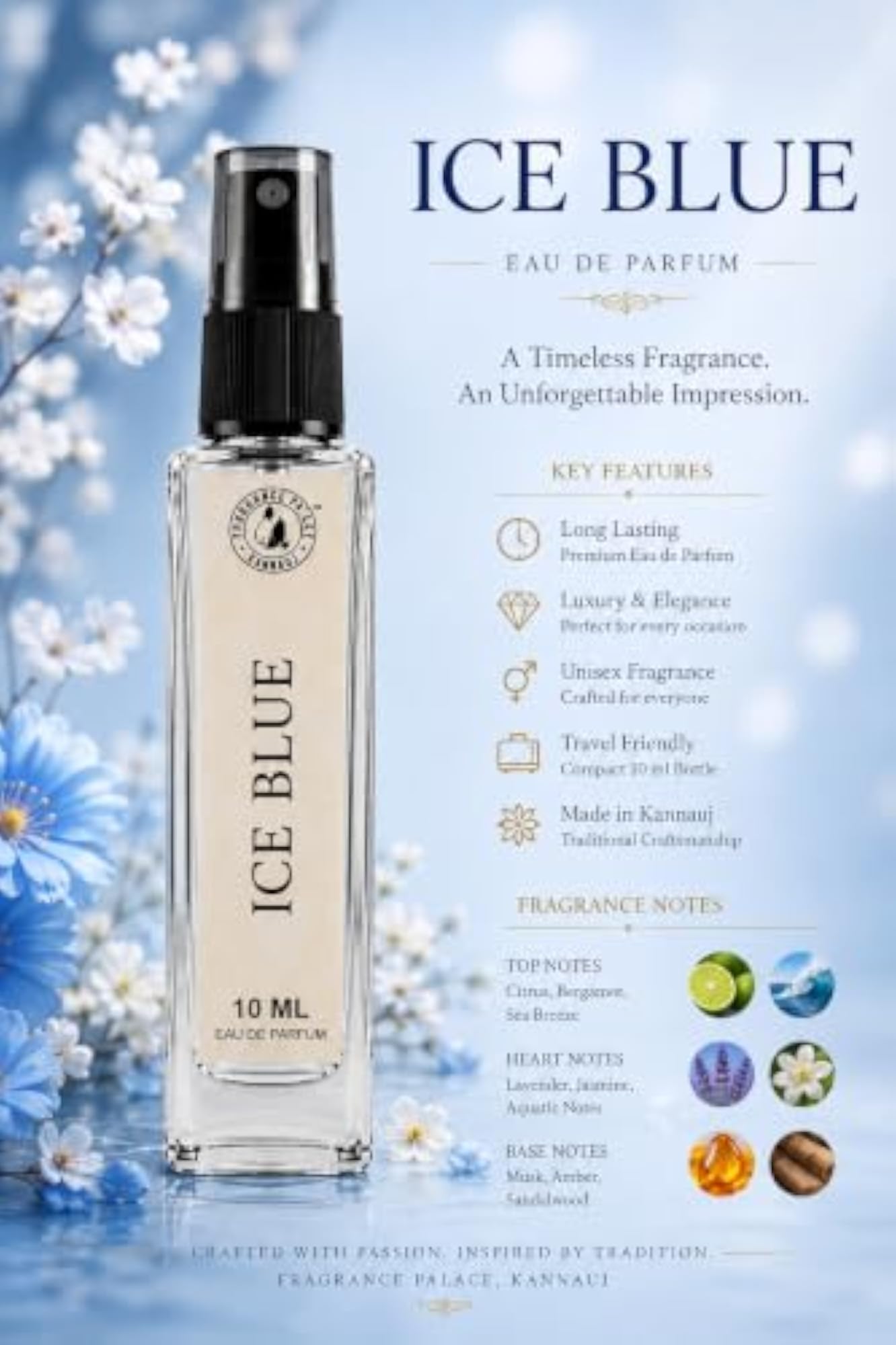 Ice Blue Eau De Parfum 10ml, Fresh Aquatic Aroma