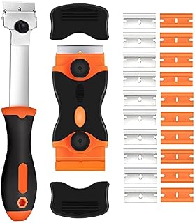 Double Edged Window Scraper, 2Pcs Glass Scraper and Long Handle Scraper with 10 Metal Blades and 10 Plastic Blades for Removing Window Decals Wallpaper Labels(Orange)