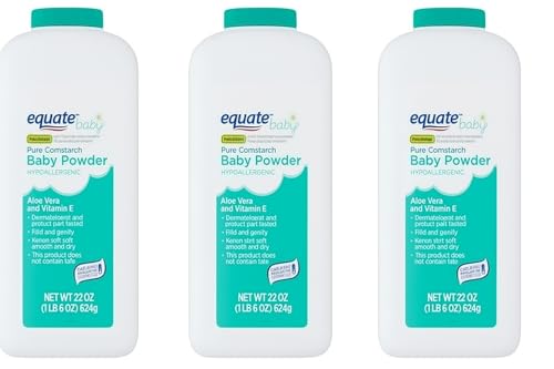Equate Baby Powder with Aloe & Vitamin E, Pure Cornstarch, 22 oz, Pack of 3