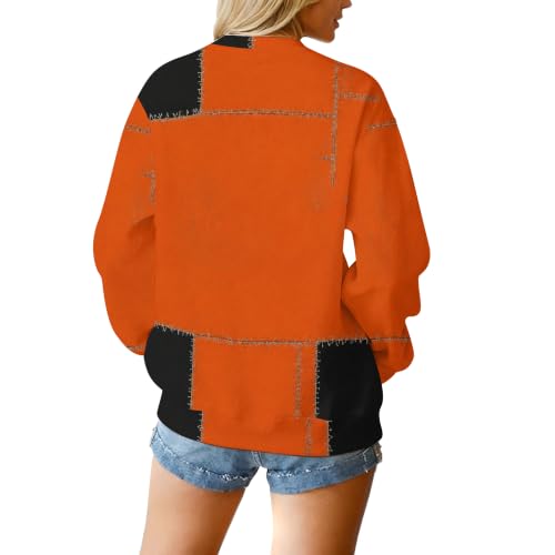 Women Halloween Sweatshirt Scary Pumpkin Face Colorblock Crew Neck Pullover - image 2
