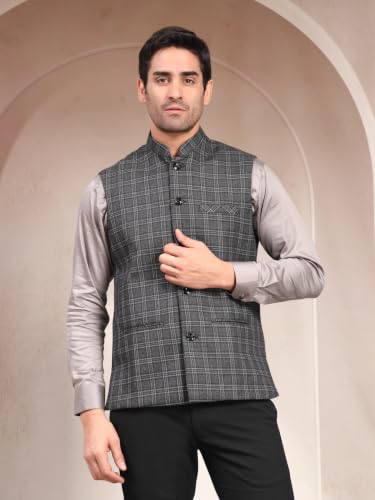 Image of Vastraa Fusion Men's Traditional Woolen Nehru Jacket Modi Waistcoat (VS4423-BLACK CHECK-2-)