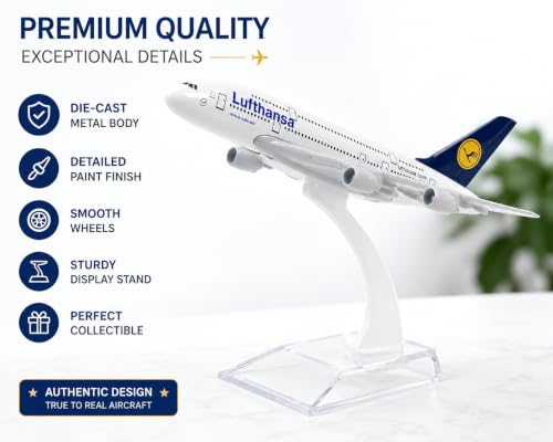 Image of Lufthansa Airbus A380-800 Die-Cast Metal Airplane Model with Display Stand | 18 cm Aircraft Collectible | Desktop Office Decor | Aviation Gift for Kids & Adults | Scale Model Plane