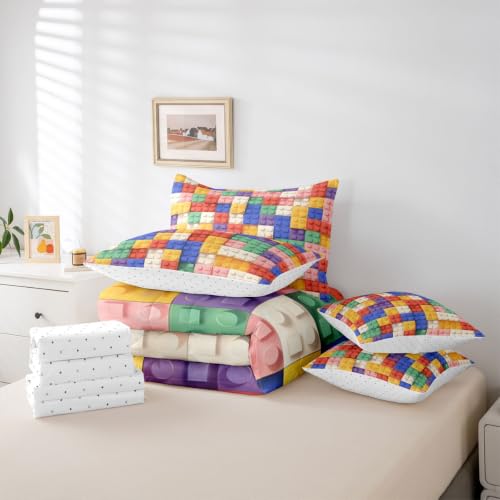 Image of Feelyou Building Block Print 7 Piece Bedding Set Full Size Kids Brick Styles Comforter Set with Sheets for Boys Teens Colorful Gaming Bed in a Bag Green Red Yellow Blue Room Decor