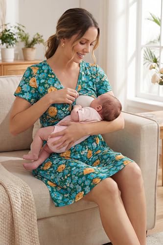 Image of OUGES Maternity Nursing Dress Breastfeeding Short Sleeve V Neck Casual Pregnancy Clothes with Pockets