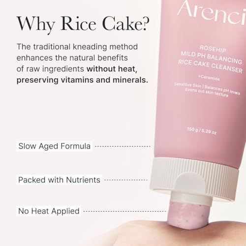Image of ARENCIA Rosehip Rice Cake Cleanser, pH Balancing Face Wash with Ceramide for Sensitive Skin, 5.29 oz