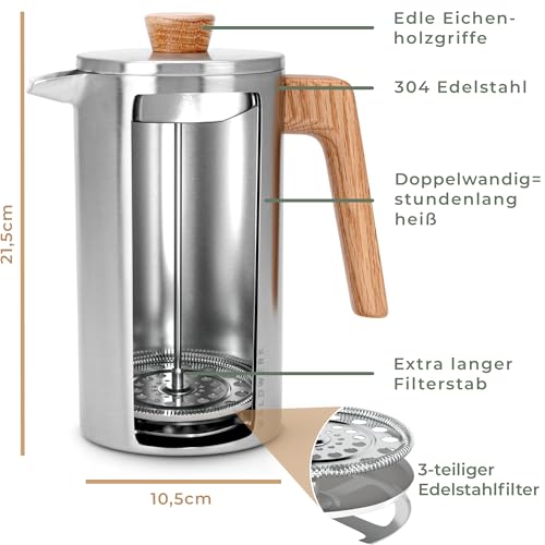 Foto von WALDWERK French Press (1L) - Kaffeebereiter aus ​​doppelwandigem Edelstahl mit Holzgriff aus Eichenholz - plastikfreier Kaffeezubereiter