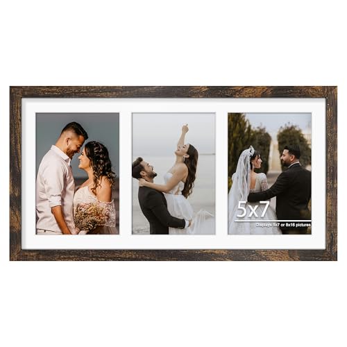 Image of DUENPY 8x16 Collage Picture Frame, 5x7 Collage Picture Frame Displays Three 5x7 inch Photos, or 8x16 (Without Mat) for Available Horizontal Wall Mounting Display and Vertical, Brown.