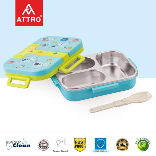 Image of ATTRO Tangy Bite Stainless Steel Lunch Box - 3 Compartment Bento Tiffin, Leak-Proof & Durable, Plastic Spoon, Ideal for Kids, School, Picnic-Light Blue Green- 600ml-Space Theme