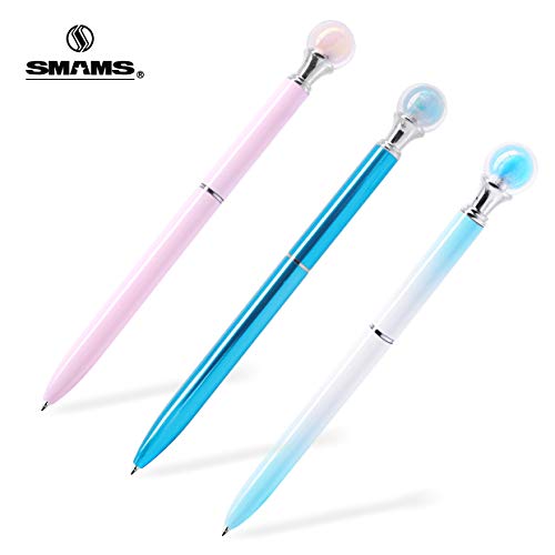 3 unidades de Bolígrafos metálicos decorados de punta redonda, de colores surtidos, tinta azul, medida 14,5cm