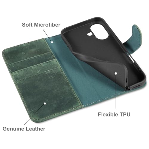 Coque iPhone 17 en cuir véritable LENSUN étui à rabat vert rétro - 4