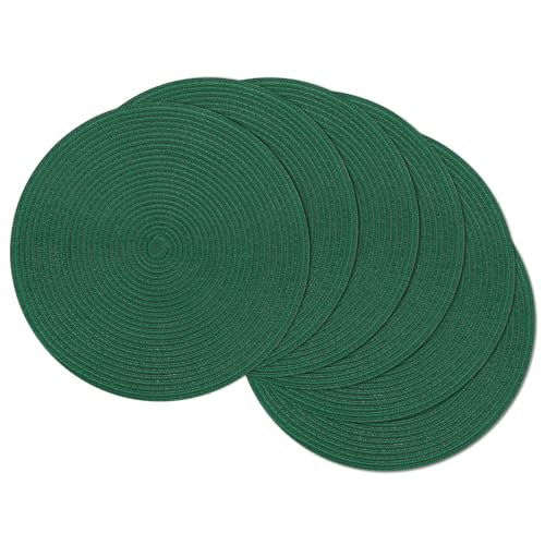 Image of SHACOS Dark Green Round Placemats Set of 6 Cotton Polyester Braided 15 inch Washable Kitchen Dining Table Place Mats Christmas Table Mats for Home Wedding Party Decor