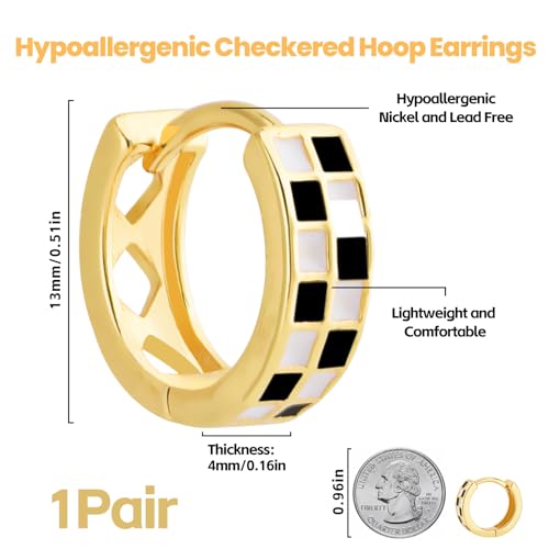 Small Checkered Hoop Earrings, Multicolor Enamel Hoops Earrings for Women, Tiny Round Circle Huggie Hypoallergenic Earrings Piercing Jewellery Gift for Women2
