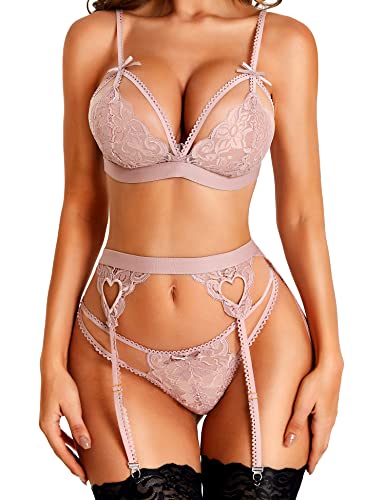 Rslove Women Lace Lingerie Set With Garter Belt Strap Bra And Panty Babydoll Deep Pink M #TOP12