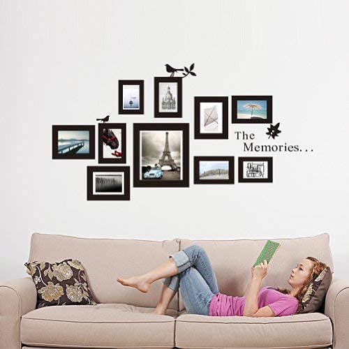 The Memories Quotes Wall Decal with 10 Photo Frames Wall Sticker DIY Removable Vinyl Family Lettering Sayings Wall Decor (Black)