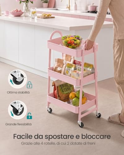 SONGMICS Carrello Scorrevole a 3 Livelli di Acciaio, con 2 Freni e Manici - Immagine 2